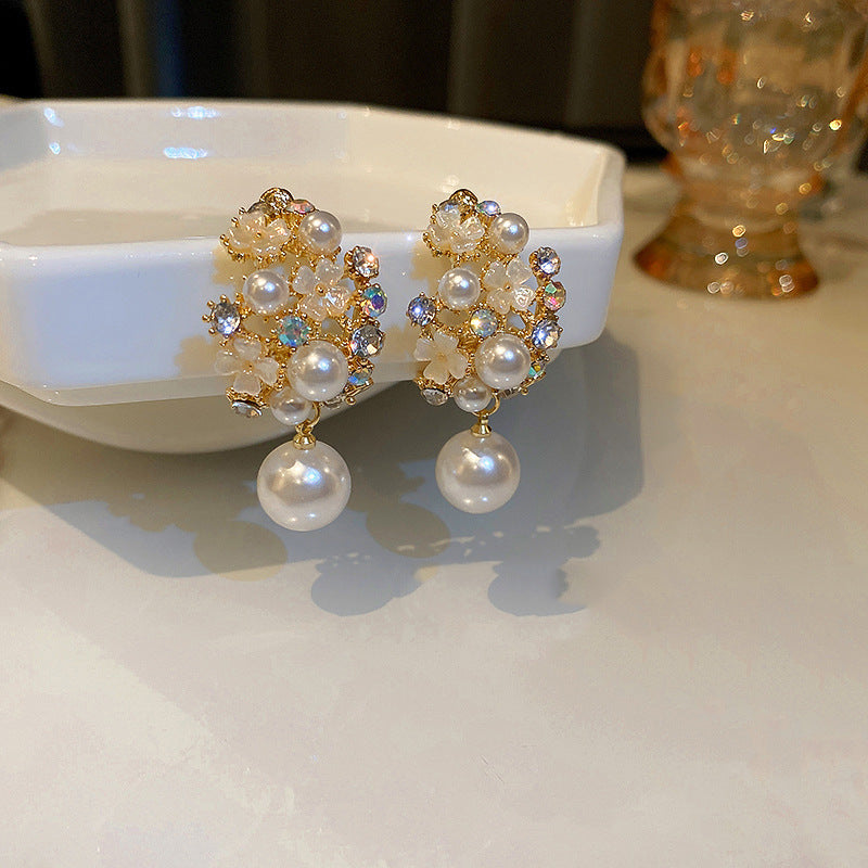 Rhinestones Flowers Pearls Earrings Fashion Elegant French-style Stud Earring For Women