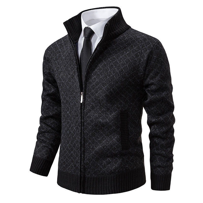 Thickened Plaid Print Jacket Cardigan Fashion Slim Fit Zipper Stand Collar Sweater Winter Men's Casual Long Sleeve Knitted Top Clothing